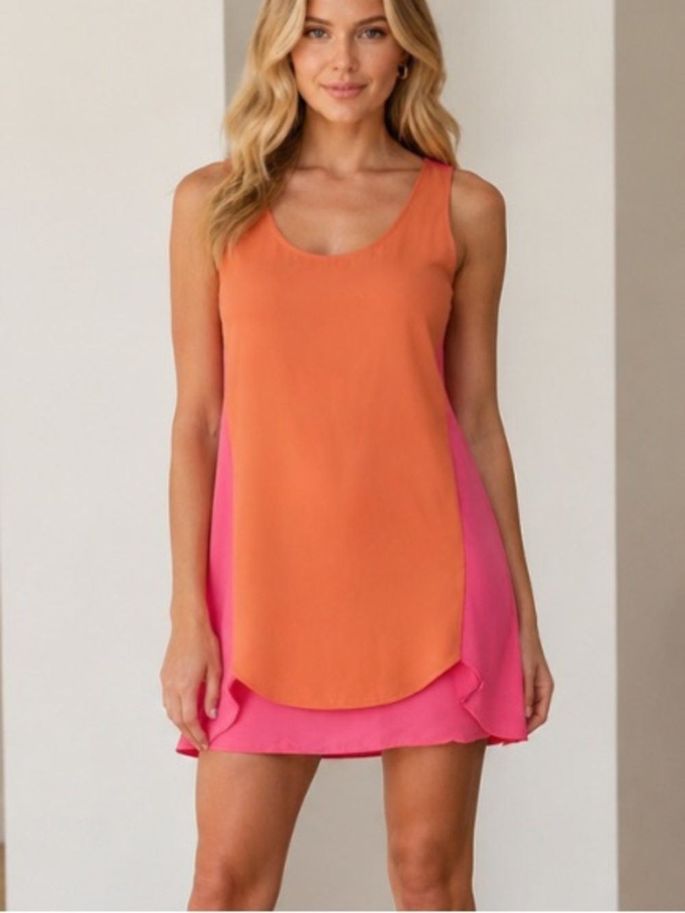 Lovers + Friends Dandy Pink Orange Colorblock Shift Mini Dress M 39901